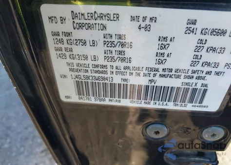 2003 Jeep Liberty Limited Edition из США, поврежденный, VIN 1J4GL58K33W690413